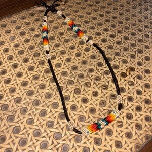 Native American Leather & Crochet Beaded Necklace